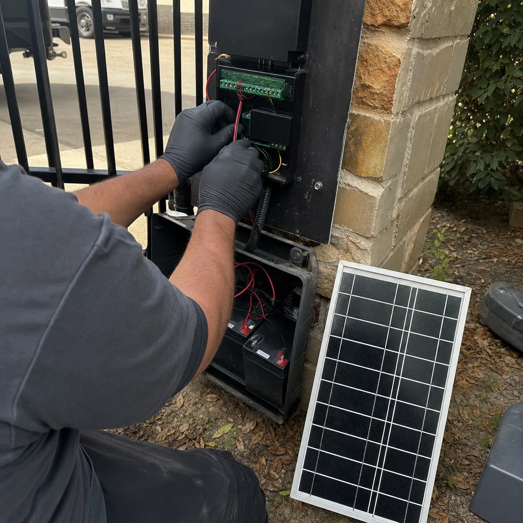 Technician performing repairs on a solar gate access control system in Oak Point, TX