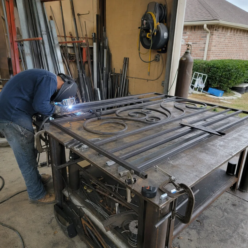 Professional welding metal decorative gate parts in a fabrication workshop in Aubrey, TX