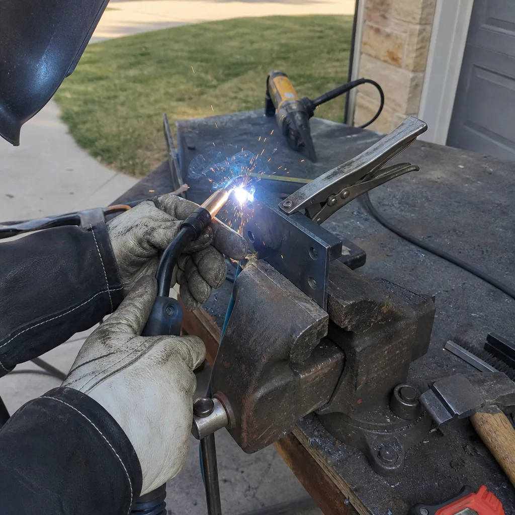 Professional welder performing metal gate parts repair and fabrication work in Aubrey, TX